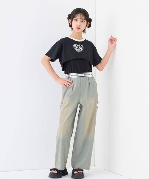BISKEE ワイドパンツ パンツ 綿100％ ラインストーンデニムワイド