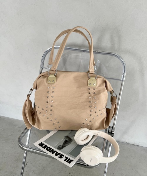 ボストンバッグ スタッズナイロン大容量ボストンバッグ 2WAY