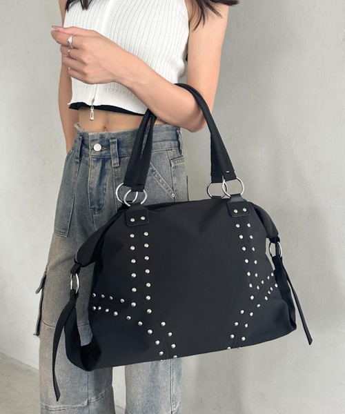 ボストンバッグ スタッズナイロン大容量ボストンバッグ 2WAYバッグ