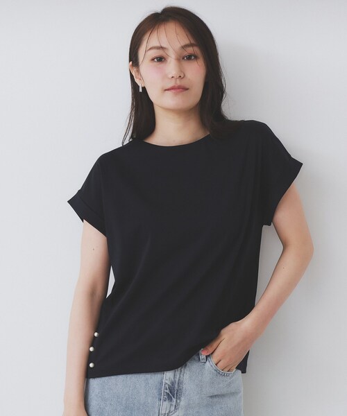 Sから3L対応 パールレディのゆったりTシャツトップス index tシャツ 「S-3Lサイズ」サイドパール調ボタンボクシー