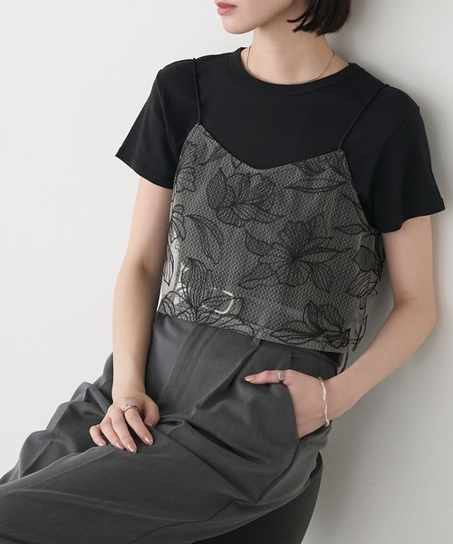 Bibiy フラワー刺繍 キャミソール ブラック F 新品 forksy.（フォルクシー） キャミソール 「forksy.」チュールフラワー