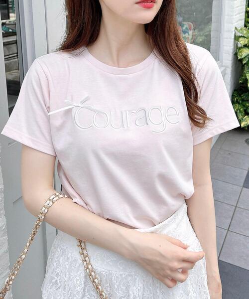 INGNI tシャツ リボン付ラメ刺繍ロゴTシャツ レディース
