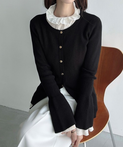 Meiru カーディガン ロング丈ニュアンス釦ニットカーディガン(薄手