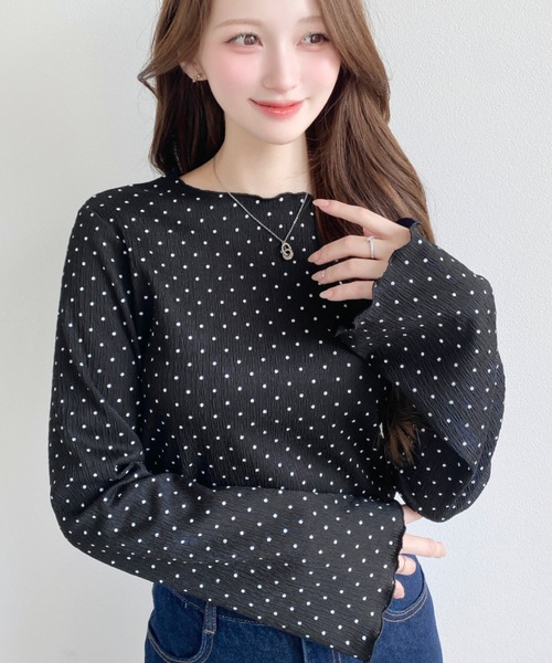 moment+ tシャツ ドット＆花柄フレアスリーブシャーリング長袖