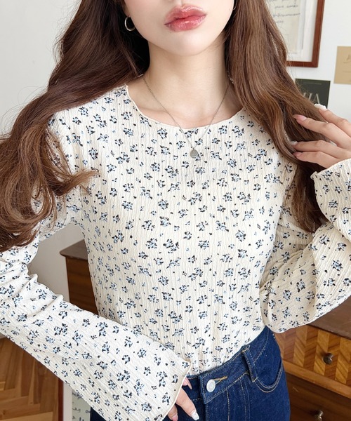 moment+ tシャツ ドット＆花柄フレアスリーブシャーリング長袖