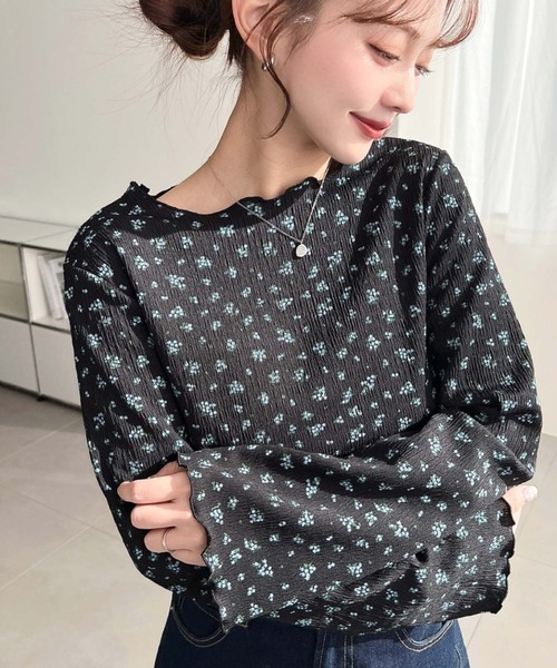 moment+ tシャツ ドット＆花柄フレアスリーブシャーリング長袖