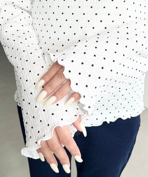 moment+ tシャツ ドット＆花柄フレアスリーブシャーリング長袖