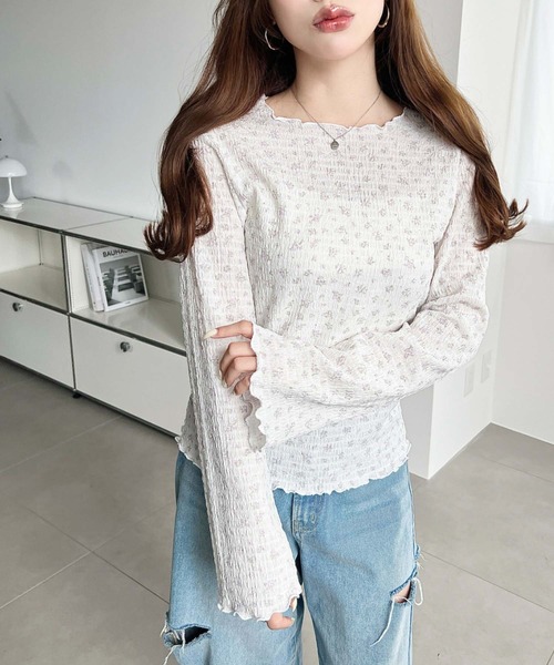 moment+ tシャツ ドット＆花柄フレアスリーブシャーリング長袖