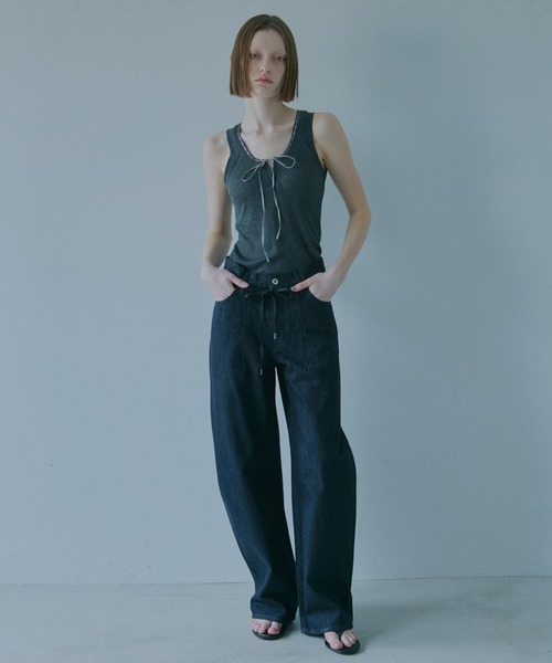 LE CIEL BLEU（ルシェルブルー） tシャツ リボントリムドネックライン LE CIEL BLEU ノースリーブ リボン トップス