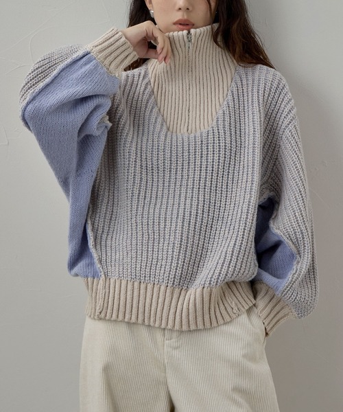 etoll.（エトル） ニット セーター バイカラーハーフジップニット