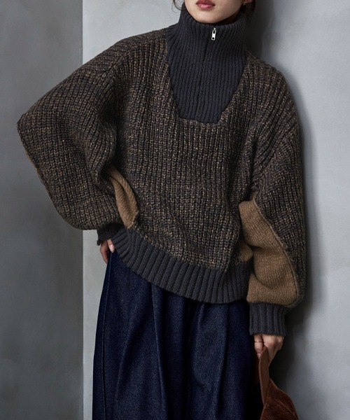 etoll.（エトル） ニット セーター バイカラーハーフジップニット