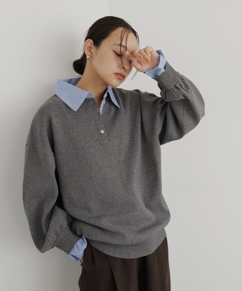 hellam ニット セーター フェイクレイヤード シャツ襟ニットポロ
