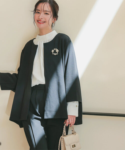 黒 ノーカラー ジャケット ピューター刺繍 黒 ノーカラー ジャケット ピューター刺繍