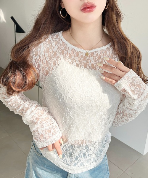moment+ tシャツ クルーネック袖ギャザー長袖ストレッチレーストップス