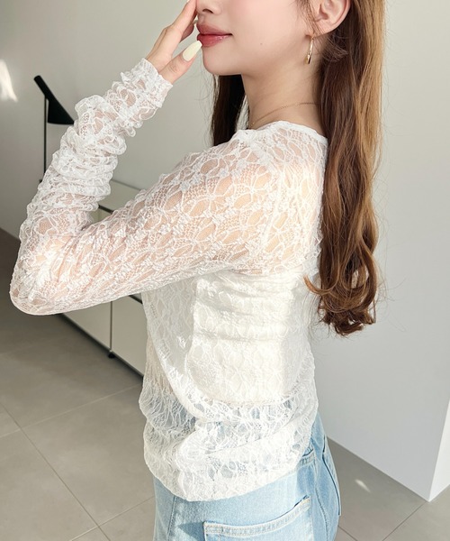 moment+ tシャツ クルーネック袖ギャザー長袖ストレッチレーストップス
