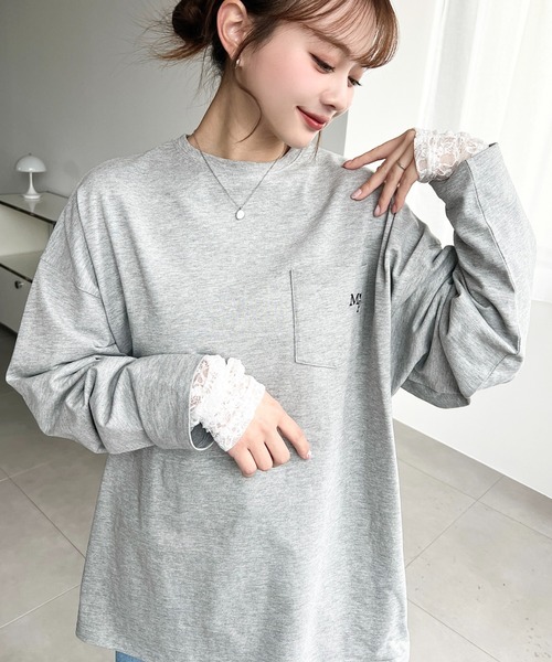 moment+ tシャツ クルーネック袖ギャザー長袖ストレッチレーストップス