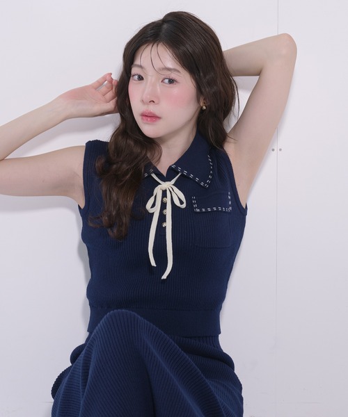 美品 ELLIE オールインワン リボン ステッチ ネイビー S 美品 ELLIE