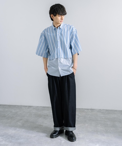 「Rocky Monroe」 半袖シャツ M ネイビー×ホワイト メンズ_画像3