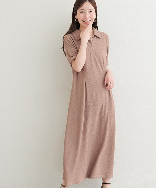 natural couture ワンピース 半袖 タックフレアポロワンピース