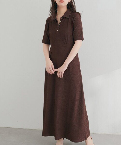 natural couture ワンピース 半袖 タックフレアポロワンピース
