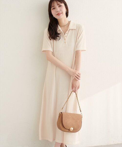 natural couture ワンピース 半袖 タックフレアポロワンピース