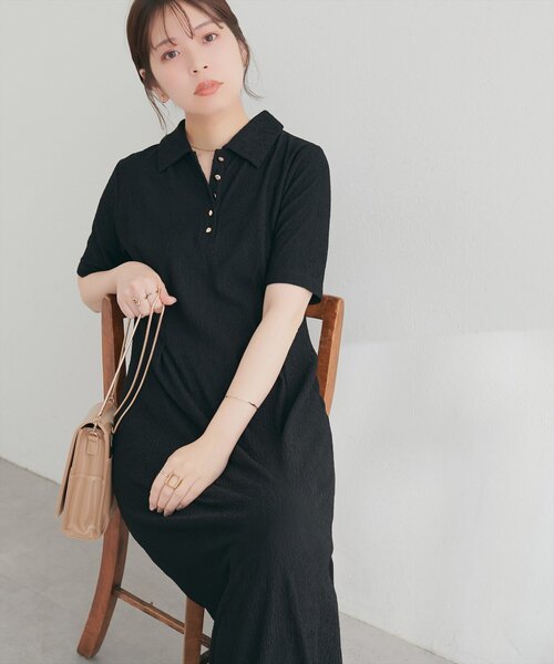 natural couture ワンピース 半袖 タックフレアポロワンピース