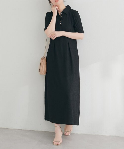 natural couture ワンピース 半袖 タックフレアポロワンピース