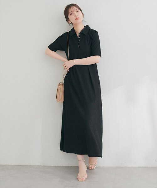 natural couture ワンピース 半袖 タックフレアポロワンピース