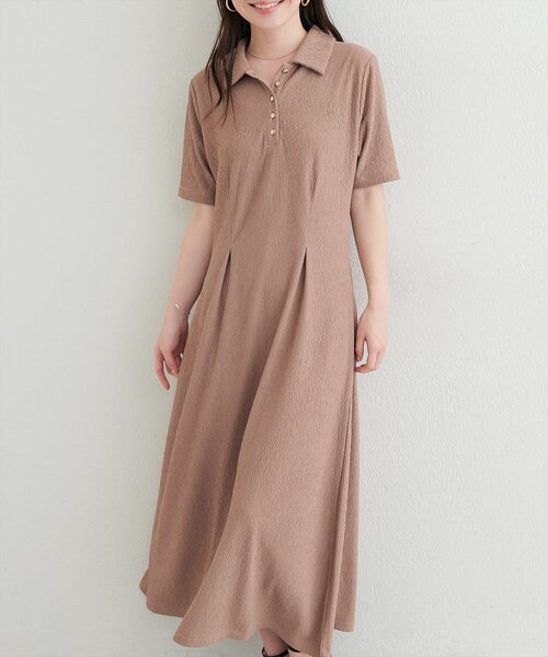 natural couture ワンピース 半袖 タックフレアポロワンピース