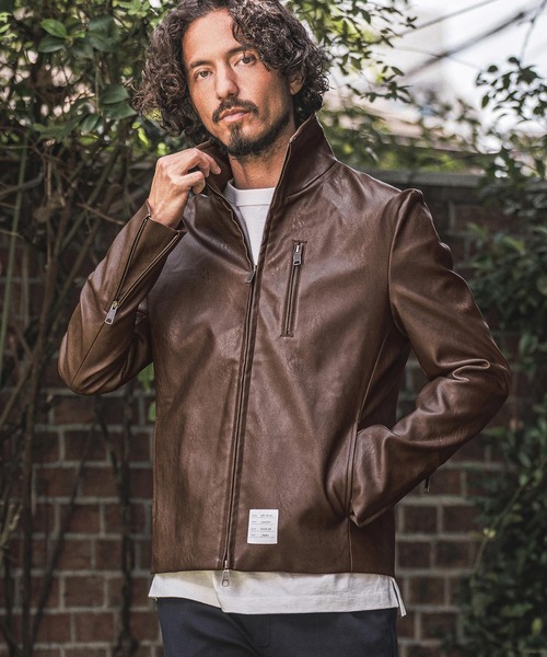 シェラック ライダースジャケット ラムレザー 46 ブラウン 本革 シングル wjk reluxe 革ジャン ライダース mj11771- Stand Collar Synthetic