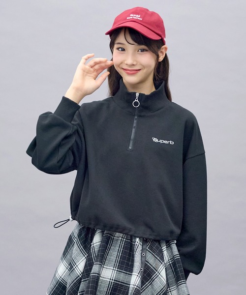 BISKEE トレーナー 袖ライン ハーフジップ ショート丈 トレーナー