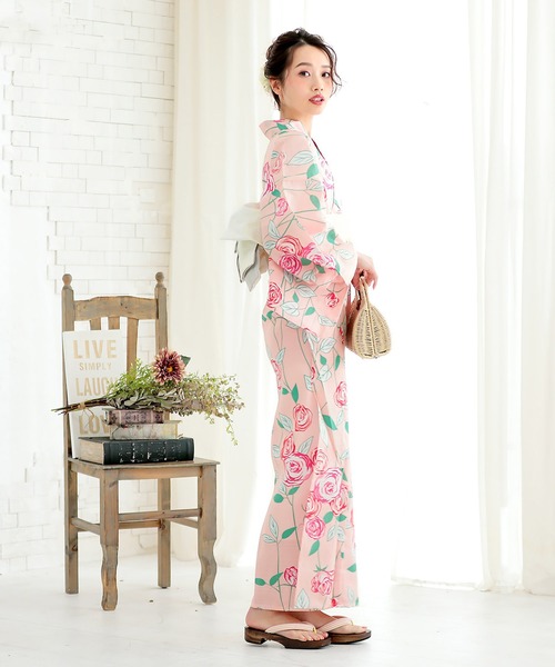 レディース浴衣 婦人浴衣 浴衣帯セット 花柄 薔薇 黒 白 ピンク 未使用品 KIMONOMACHI 浴衣 レディース 2点セット(浴衣+半幅帯) A 牡丹