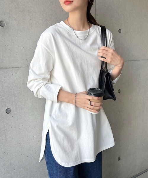 andme tシャツ USAコットン長袖オーバーサイズ裾ラウンドTシャツ