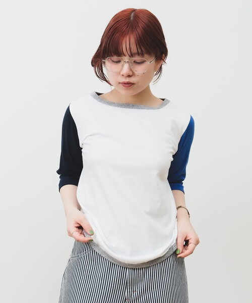 BEAMS BOY tシャツ 天竺 無地 ボートネック 7分 レディース