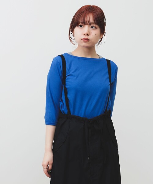 「BEAMS BOY」 7分袖カットソー ONE SIZE ブラック レディース BEAMS BOY（ビームス ボーイ）1cmボーダー ボートネック7分袖