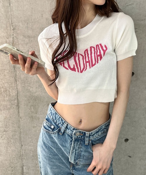 MARDI ハートロゴ 半袖ニットセーター 水色 GLAMOROUS JANE ニット セーター ハート型ロゴジャガード半袖
