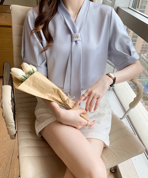 ※shiba子※【新品・未使用】マルチボウタイブラウス38 ブラウス 半袖 トップス レディース 春 夏 秋(メール便 送料無料