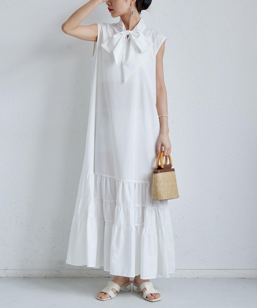 美品✨️M'S GRACYノースリーブ麻ワンピース リボン ティアード カメリア 美品✨️M'S GRACYノースリーブ麻ワンピース リボン ティアード
