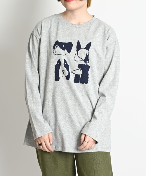 tシャツ ドッグ アニマルプリント長袖Tシャツ レディース