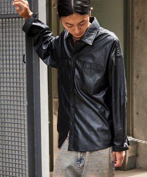 FREAK'S STORE シャツ ウォッシュ加工 フェイクレザー