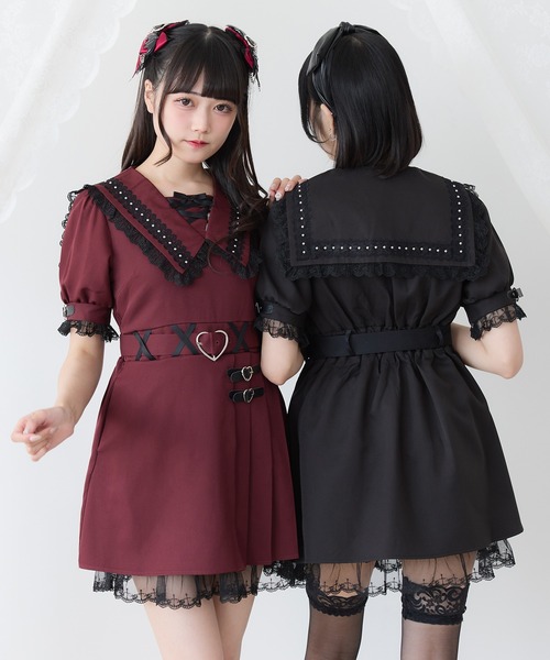 DearmyLoveクモレース角襟ベルトレースアップワンピース パープルチェック Timesale対象】【送料無料】クモレース角襟ベルトレースアップ