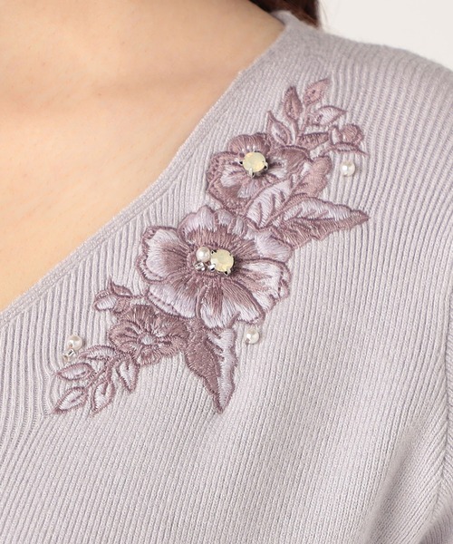 レッセパッセサイズ36 花柄刺繍7分袖ニットワンピースブラック