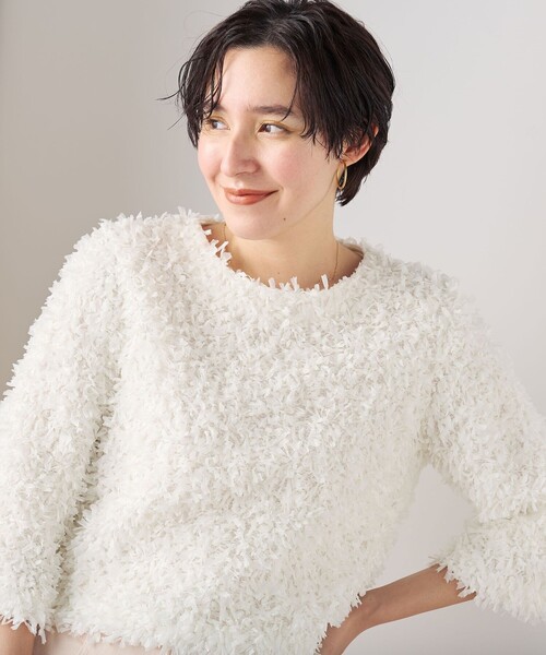 ブラウス シャツ リボンニットツイードショートプルオーバーブラウス