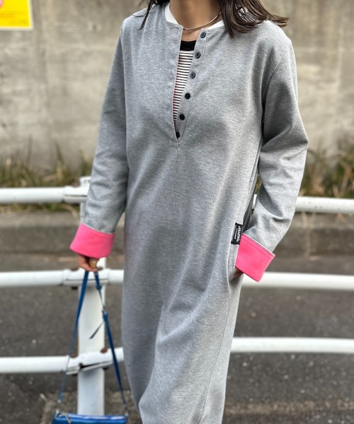 mi via loca ワンピース 配色 Wフェイス ヘンリーネック ロング