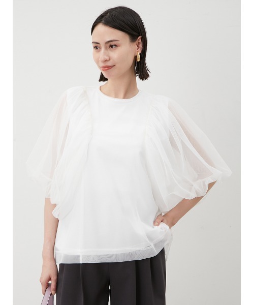 美品୨୧ミラオーウェン ボリュームスリーブチュールレイヤードトップス　24年 Mila Owen tシャツ ボリュームスリーブチュールレイヤード