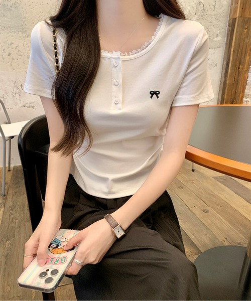 tシャツ レース付きリボン刺繍Tシャツ レディース