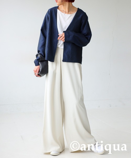 「antiqua」 「KINU」ノーカラージャケット P ネイビー レディース