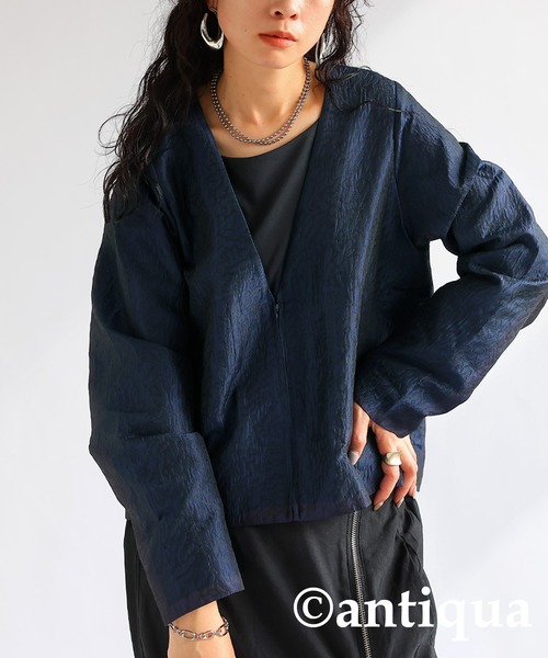 「antiqua」 「KINU」ノーカラージャケット P ネイビー レディース