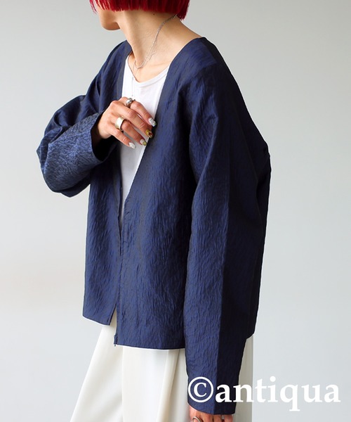 「antiqua」 「KINU」ノーカラージャケット P ネイビー レディース