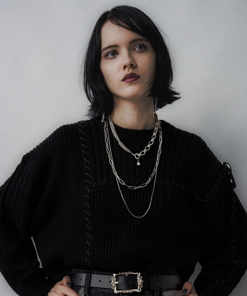 13万 パッチワーク ウールニット プルオーバー ブラック セーター ニット 「HOOK」パッチワーク模様ニットプルオーバー メンズ